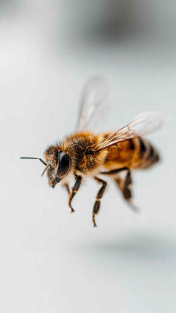 Bee on a white background. Close-up. Shallow depth of field.