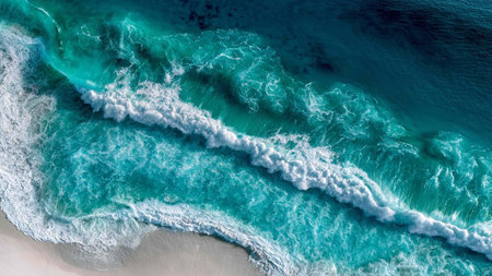 Aerial view of waves crashing on a sandy beach in the Caribbean.