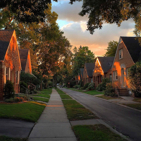 Sunset in a row of houses in a suburban neighborhood in the evening