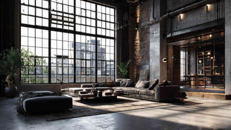 Interior of modern loft living room with black sofa and wooden floor