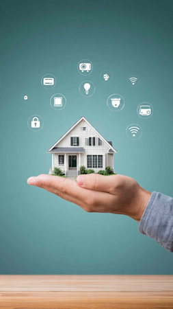 Real estate agent holding house model with icons and symbols in palm.