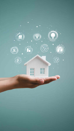 Real estate agent presenting house with smart home icons and symbols, closeup