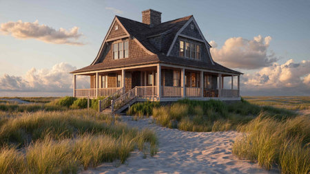 3D render of a house on the dunes at sunset.