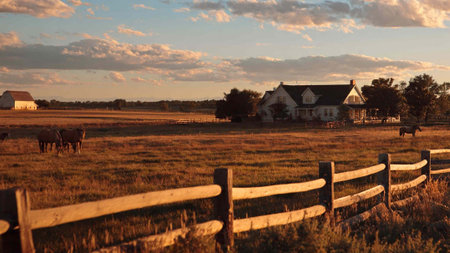 Horses grazing in a field at sunset with a farm in the background