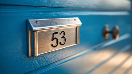 House number fifty-five (55) on a blue wooden door