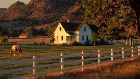 Horse in front of a farm house in the evening light.