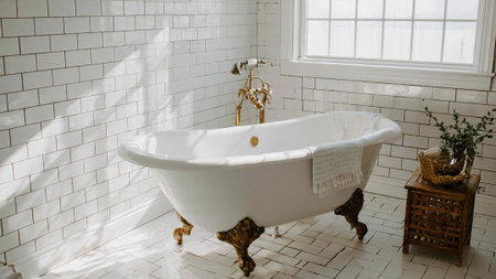 Bathroom interior with white brick wall and vintage style bathtub