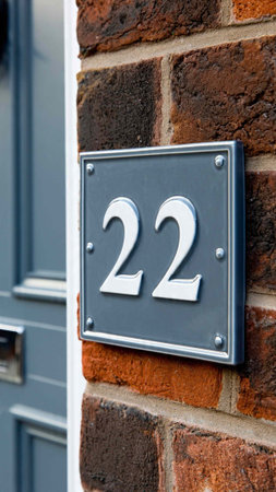 House number twenty two on a metal plate attached to a brick wall