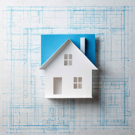 House model made of paper on blueprint background. Real estate concept.