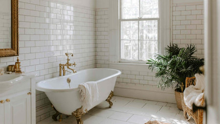 Bathroom interior with white brick walls and white tiled floor
