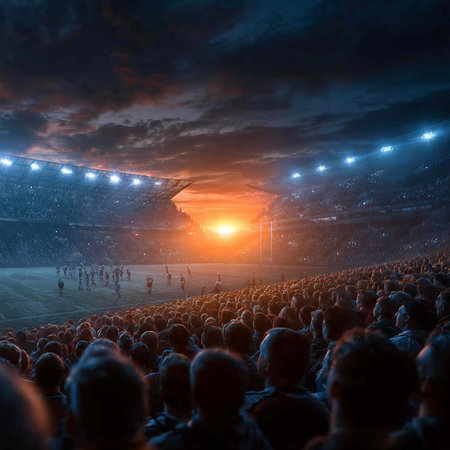Crowd of people at the football stadium during the match at sunset