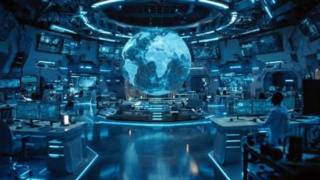 3D rendering of the Earth in front of a monitor in a computer room