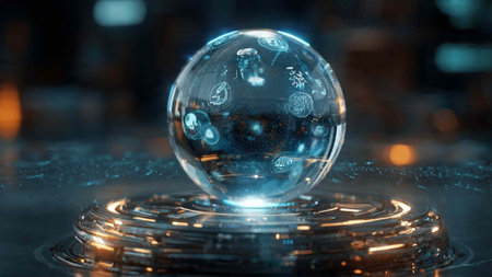 Crystal ball on a dark background. 3d rendering. Virtual reality.