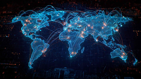 Global network connection concept with world map on city background. 3D rendering