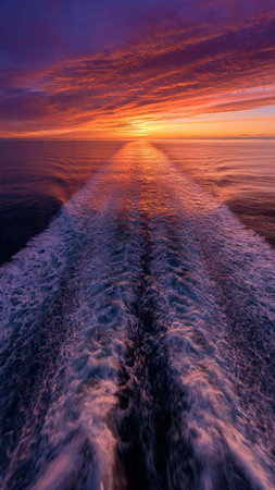 Beautiful sunset on the sea with a trail from the ship.