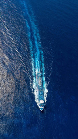 Aerial view of a cargo ship sailing in the blue sea.