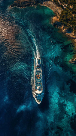 Aerial view of luxury yacht in turquoise sea water.