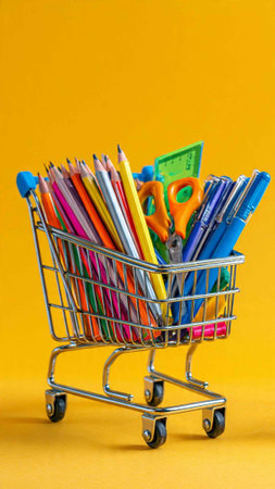 School supplies in shopping cart on yellow background. Back to school concept.