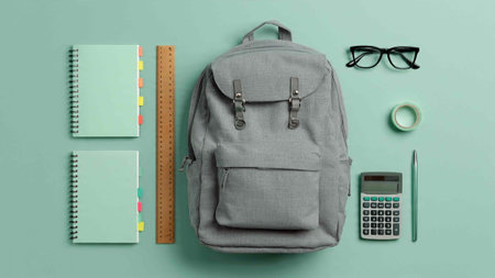 Backpack, stationery and glasses on mint background. Flat lay, top view