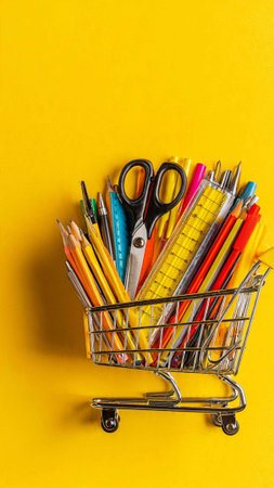 School supplies in shopping cart on yellow background. Back to school concept.