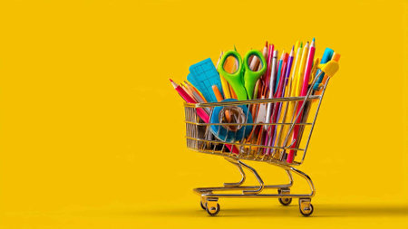 School supplies in shopping cart on yellow background. Back to school concept.
