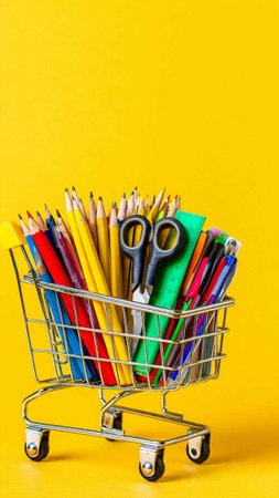 School supplies in shopping cart on yellow background. Back to school concept.