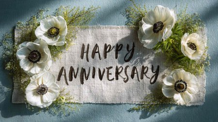 Happy Anniversary written on linen napkin with white anemones on blue background