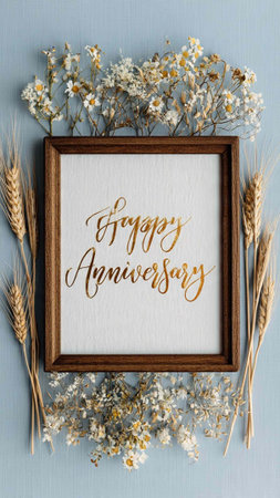 Top view of wooden frame with text happy anniversary and dry flowers on blue background