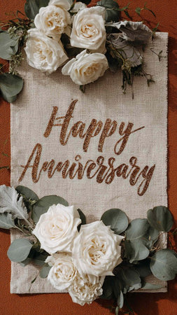 Happy Anniversary card with white roses and eucalyptus branches