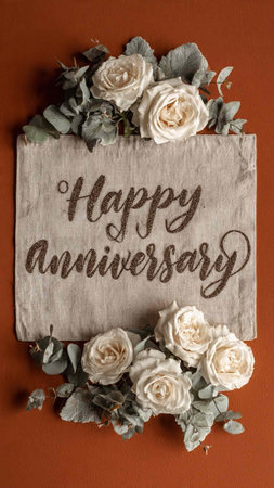 Happy Anniversary card with white roses and eucalyptus leaves