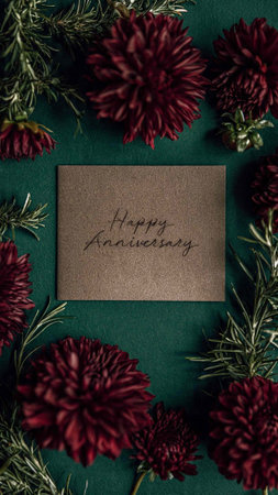 Top view of red chrysanthemum flowers and card on green background