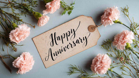 Happy Anniversary Tag With Carnation Bouquet, Flat Lay, Top View