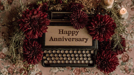 Happy Anniversary text on a vintage typewriter with red flowers and candles