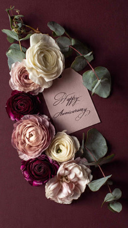 Wedding invitation card with flowers on a dark red background.