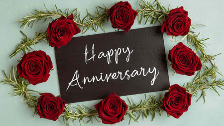 Happy Anniversary written on blackboard with red rose flowers on blue background