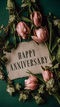 Happy Anniversary text on paper with pink tulips on dark green background