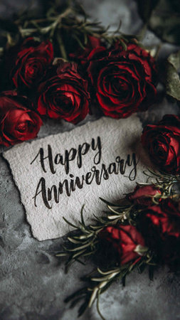 Happy Anniversary greeting card with red roses on a rustic background.