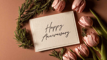 Happy Anniversary greeting card with pink tulips and rosemary on brown background