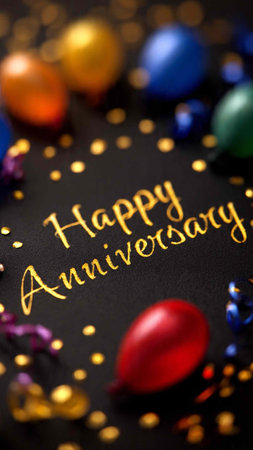Happy Anniversary card with colorful eggs and confetti on black background.