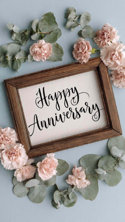 top view of wooden frame with happy anniversary lettering and carnation flowers on blue background