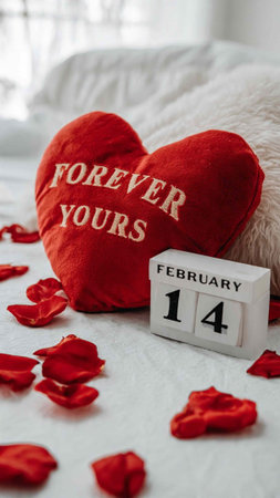 Valentine's day concept. Red heart and white cube calendar on the bed.
