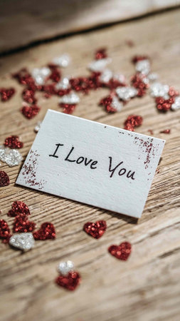 I love you card with silver and red hearts on rustic wooden background