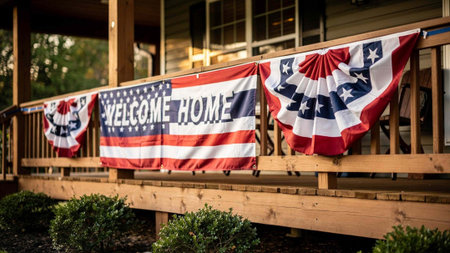 Patriotic American flags on the balcony of a wooden house.