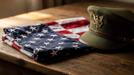 American flag and hat on a wooden table. American military uniform.