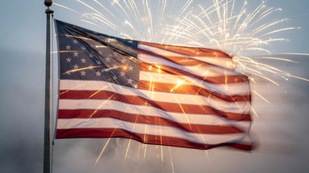 American flag waving in the wind with fireworks and bokeh effect