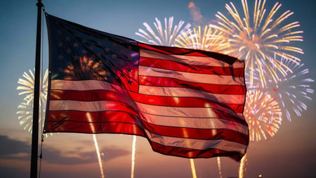 American flag with fireworks in the background, Independence Day, 4th of July