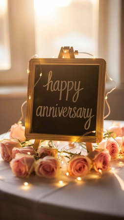 Wedding table decoration with roses and wooden board with text Happy Anniversary