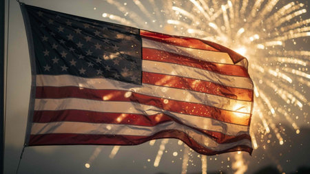 American flag with fireworks in the background. 4th of July Independence Day