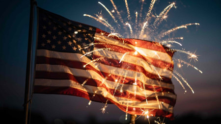 American flag with fireworks in the night sky. Independence Day concept.