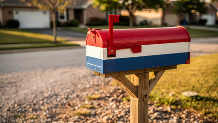 Mailbox with flag on the background of a house.